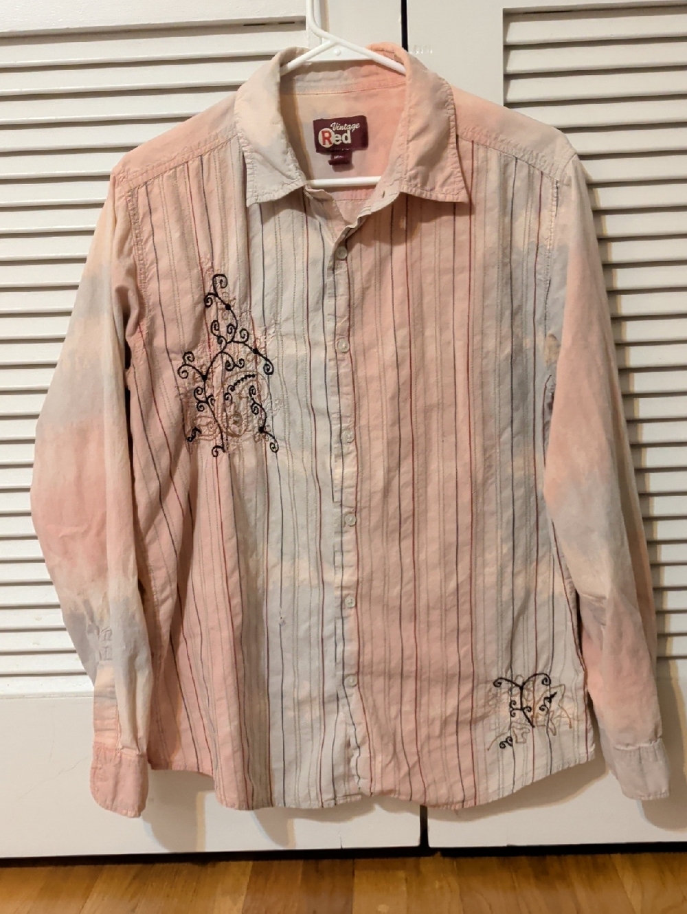 Men's Striped Button-Down Shirt in Pink, White, Blue with Embroidered Detail